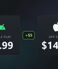 Android and Apple store marks side by side showing a 9.99 dollar price against a 14.99 dollar price