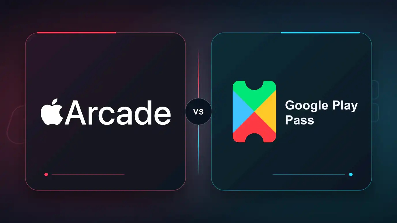 Apple Arcade and Google Play Pass logos on contrasting mobile game subscription cards