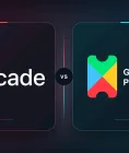 Apple Arcade and Google Play Pass logos on contrasting mobile game subscription cards