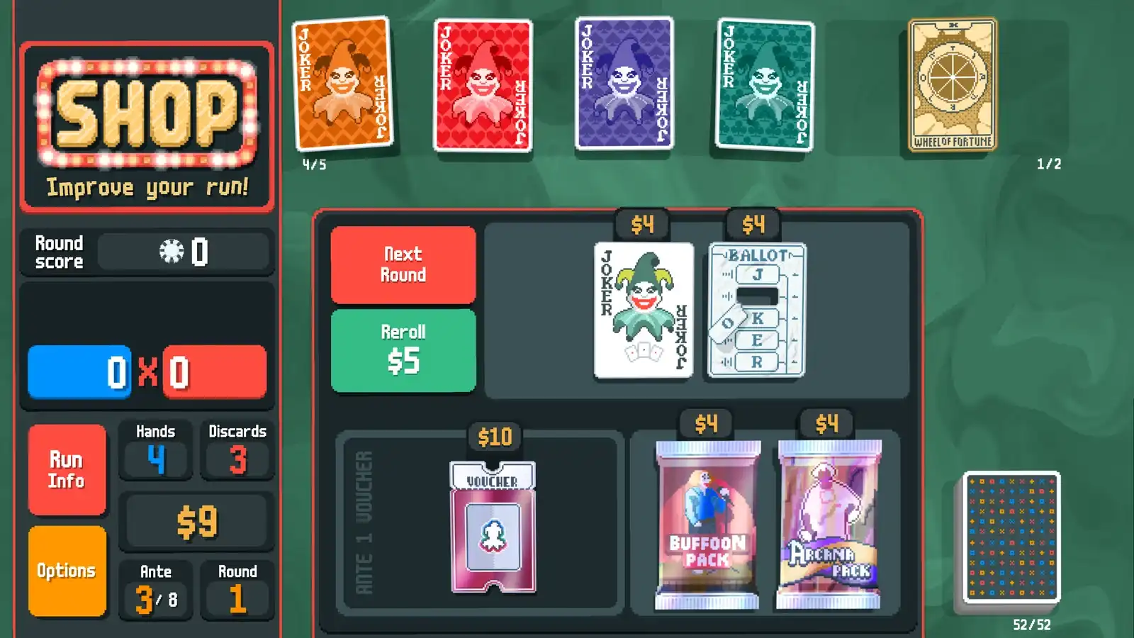 Balatro shop offering Jokers, a voucher, and booster packs with a limited spending balance