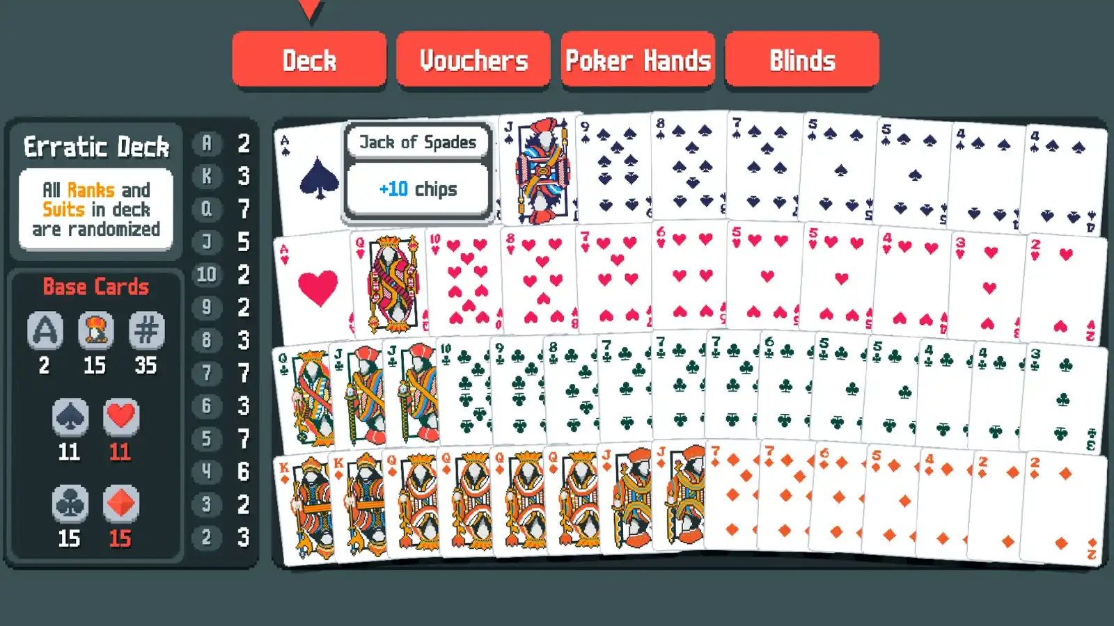 Balatro Erratic Deck description explaining that all ranks and suits are randomized
