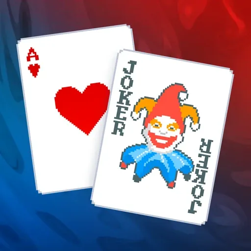 Balatro app icon showing a Joker beside the ace of hearts on a red and blue background