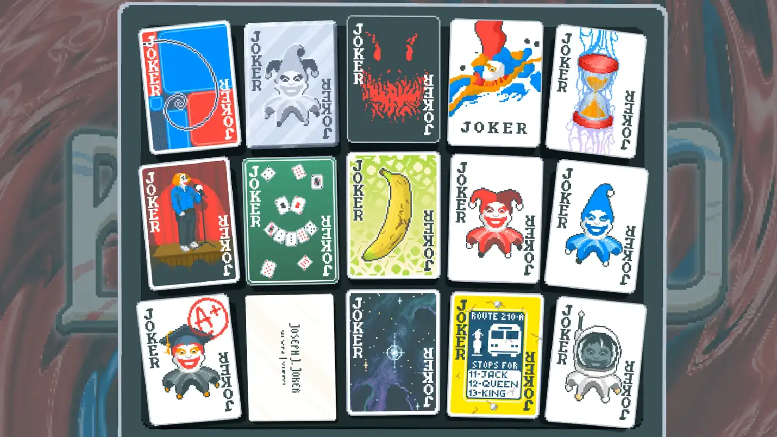 Balatro Joker collection showing rows of differently illustrated cards and undiscovered slots