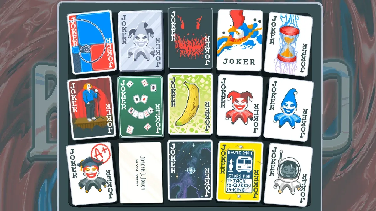 Official Balatro promotional artwork displaying fifteen different Joker cards in three rows