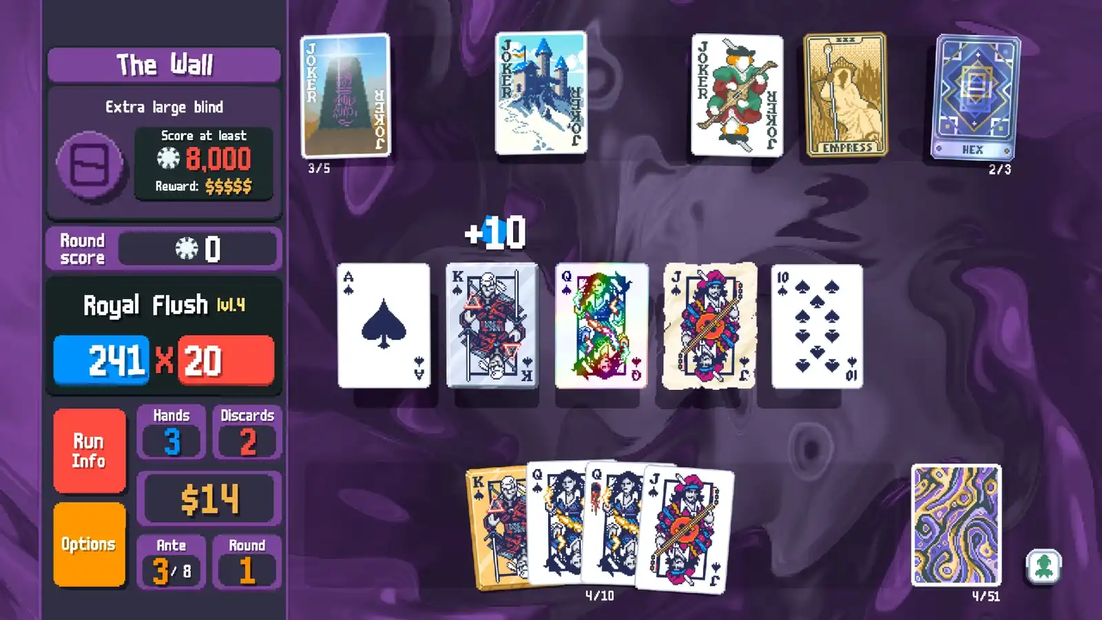Balatro promotional screenshot showing a royal flush being scored against The Wall boss blind