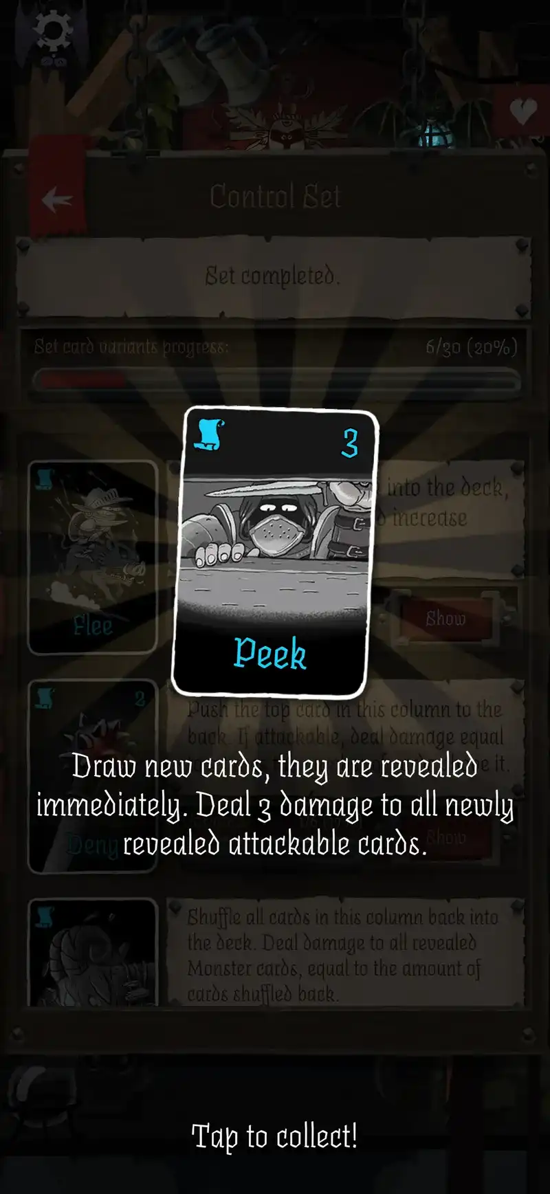 Card Crawl 2 reveal screen showing a Peek spell card and a set variant progress bar at 6 of 30