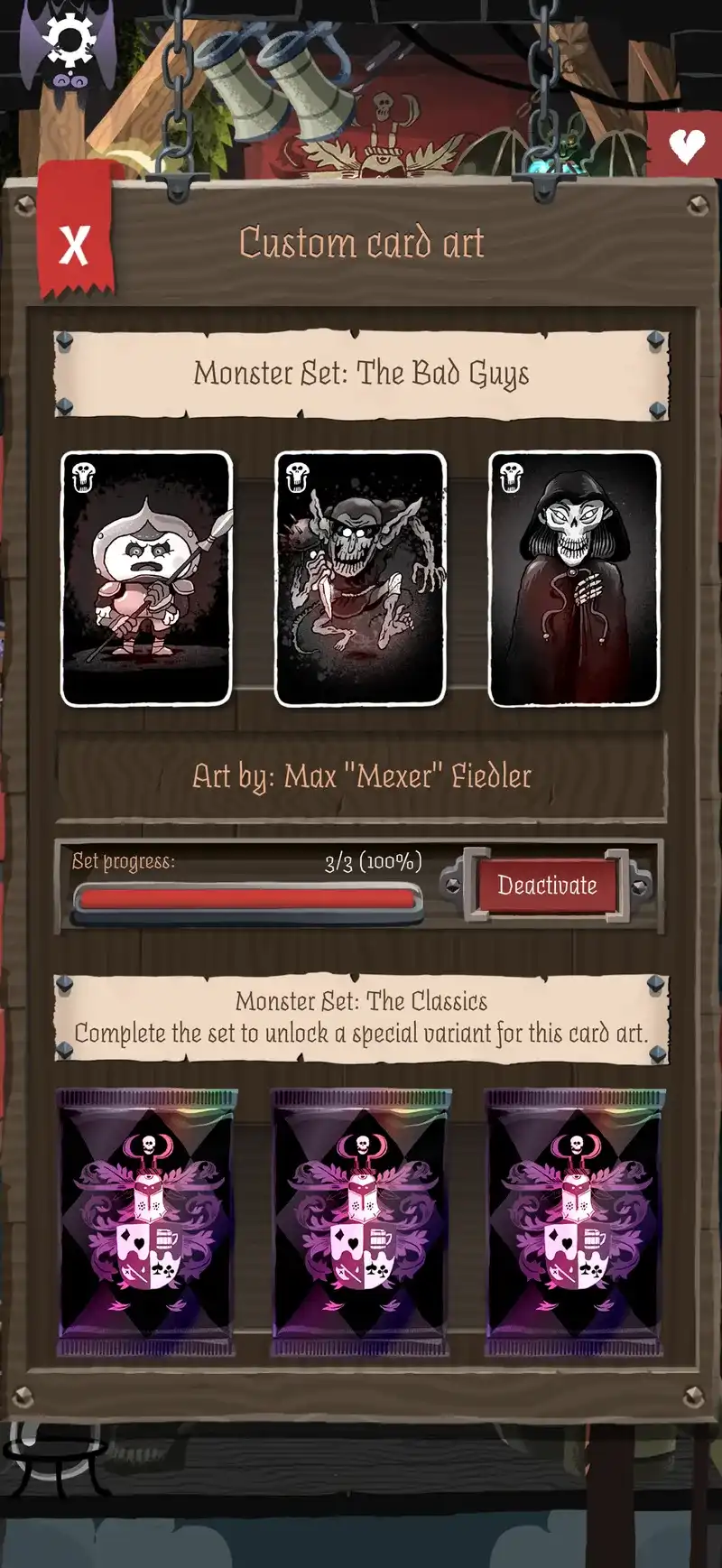 Card Crawl 2 custom card art screen showing a completed monster set and three sealed card packs