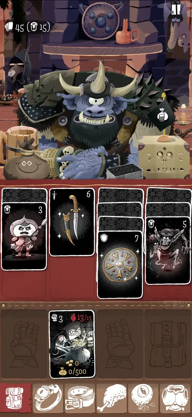 Card Crawl 2 run in progress against a horned minotaur dealer with equipment icons along the bottom