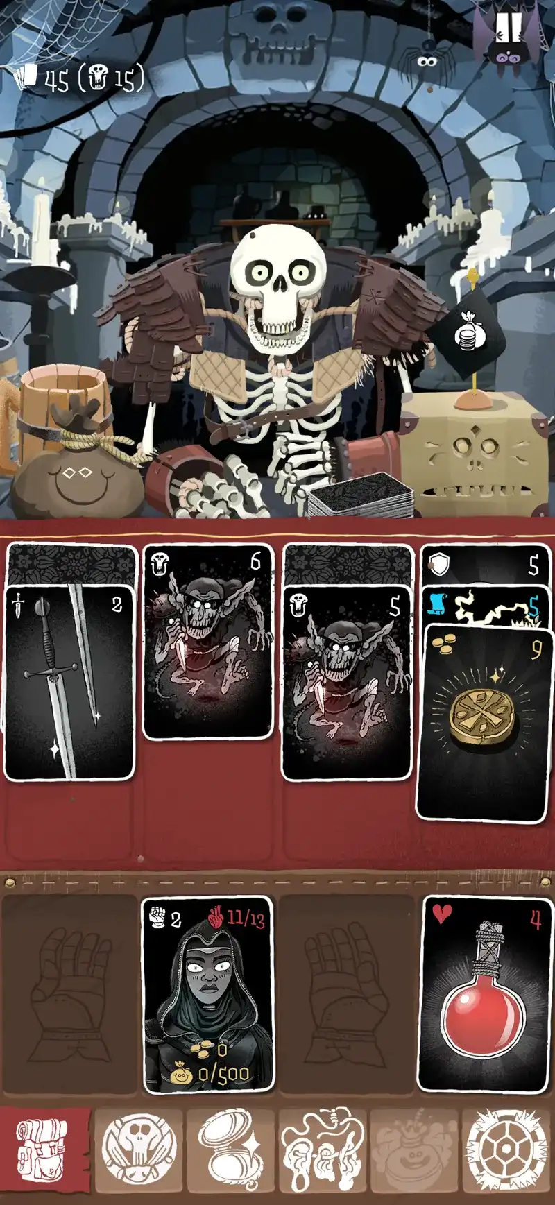 Card Crawl 2 board showing four columns of monster, sword, and gold cards above the hero and inventory slots
