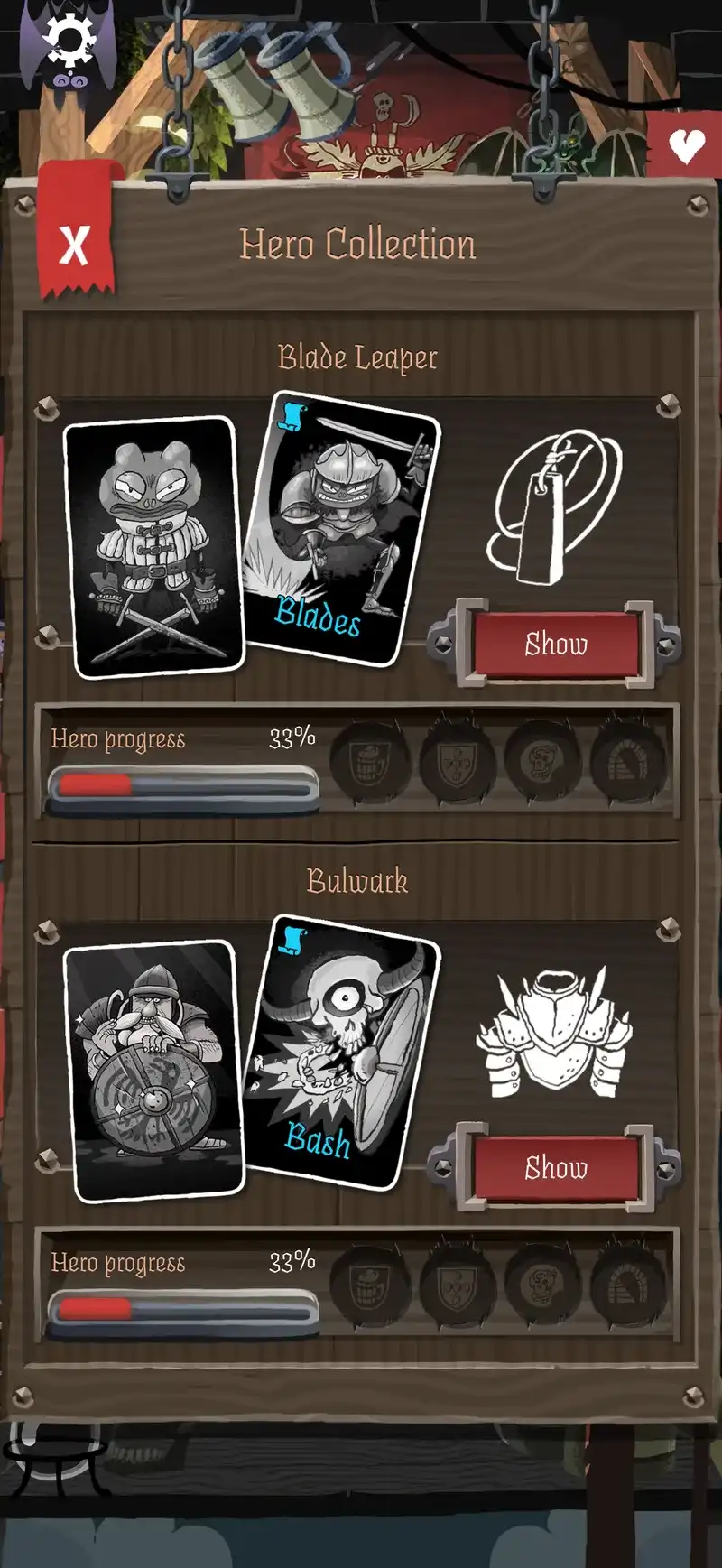 Card Crawl 2 hero collection screen listing Blade Leaper and Bulwark heroes at 33 percent progress