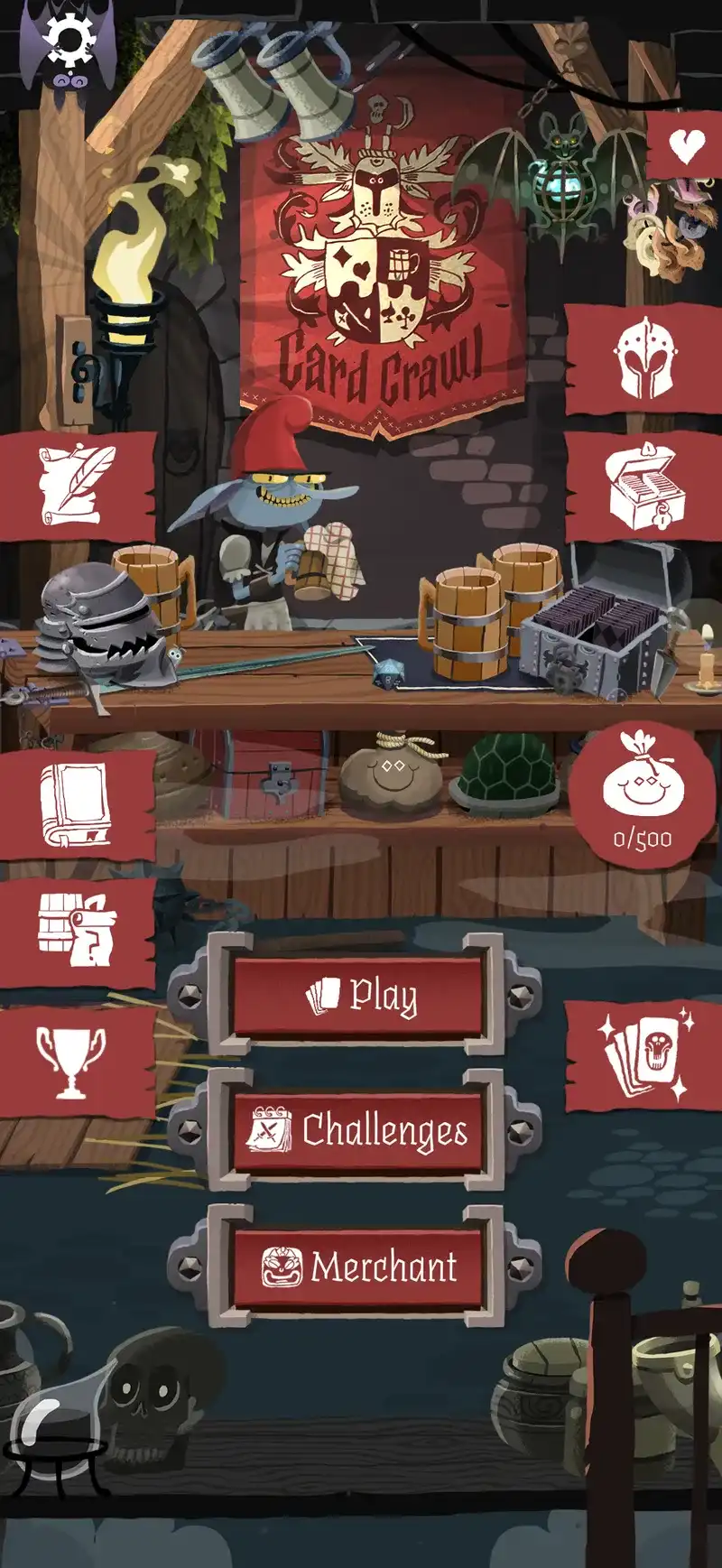 Card Crawl 2 tavern menu with Play, Challenges, and Merchant buttons and a gold pouch reading 0 of 500