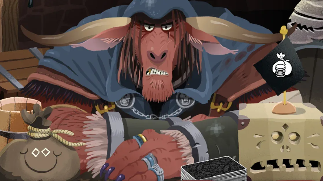 Card Crawl 2 horned tavern merchant behind a deck of cards with a gold pouch and coin sign beside him