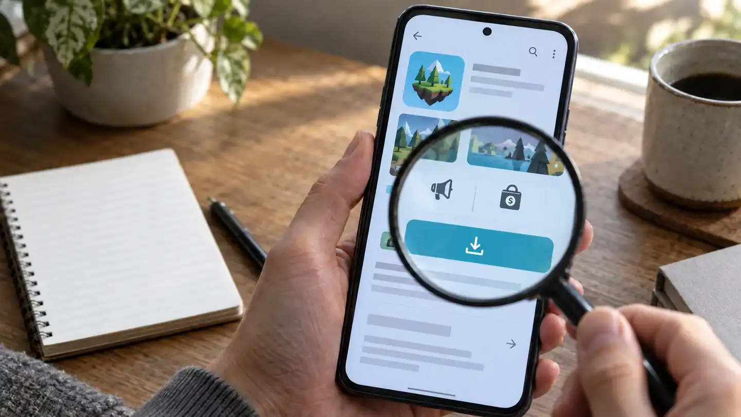 A person using a magnifying glass to inspect advertising and purchase symbols on a mobile game listing