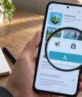 A person using a magnifying glass to inspect advertising and purchase symbols on a mobile game listing