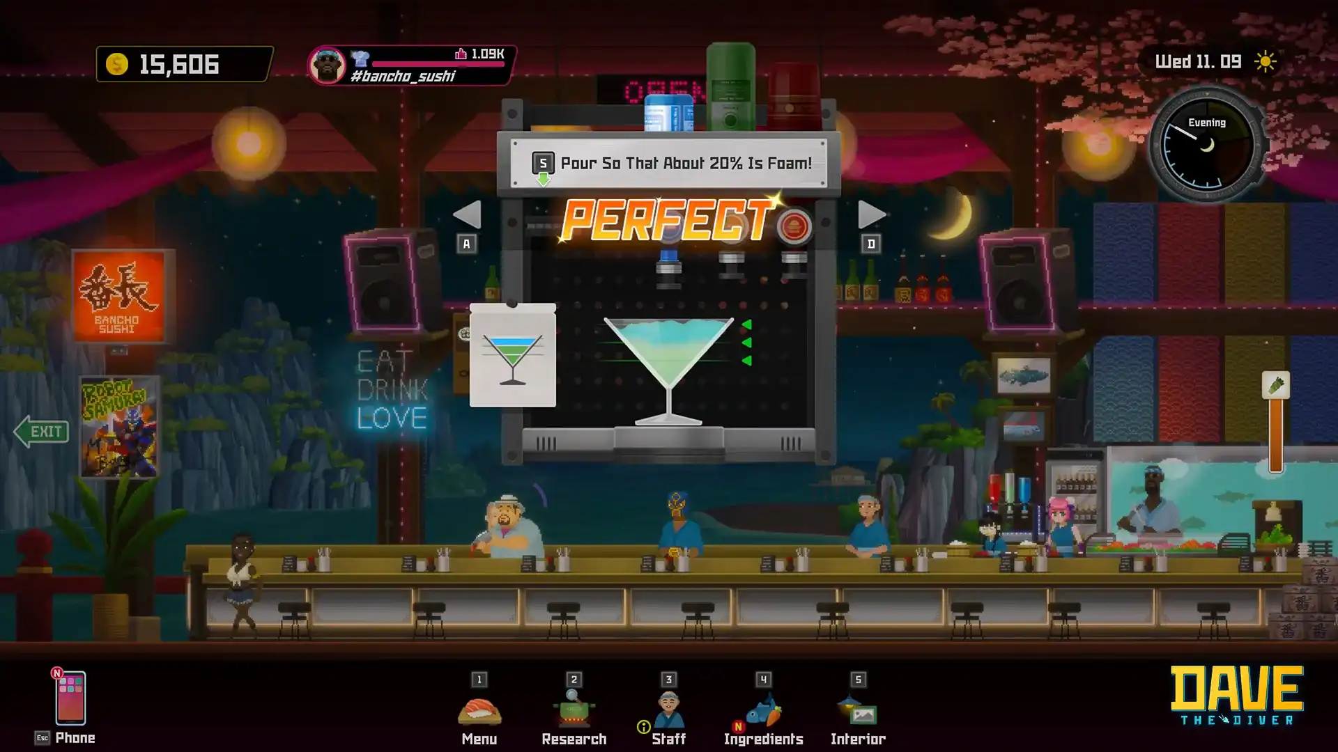 DAVE THE DIVER drink-pouring minigame showing a PERFECT result against an instruction to pour so that about twenty percent is foam