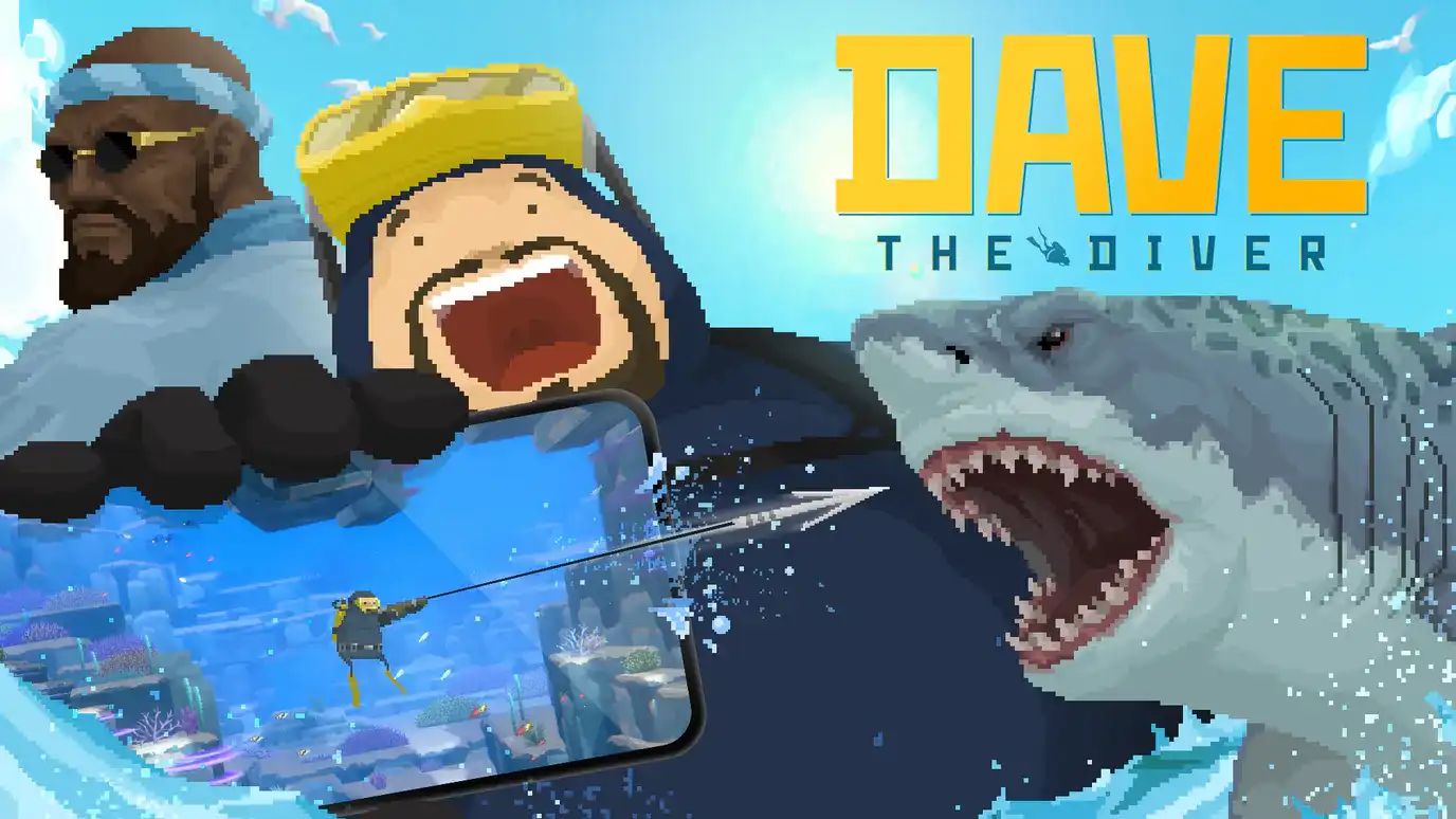 DAVE THE DIVER characters beside a shark and a phone showing underwater gameplay