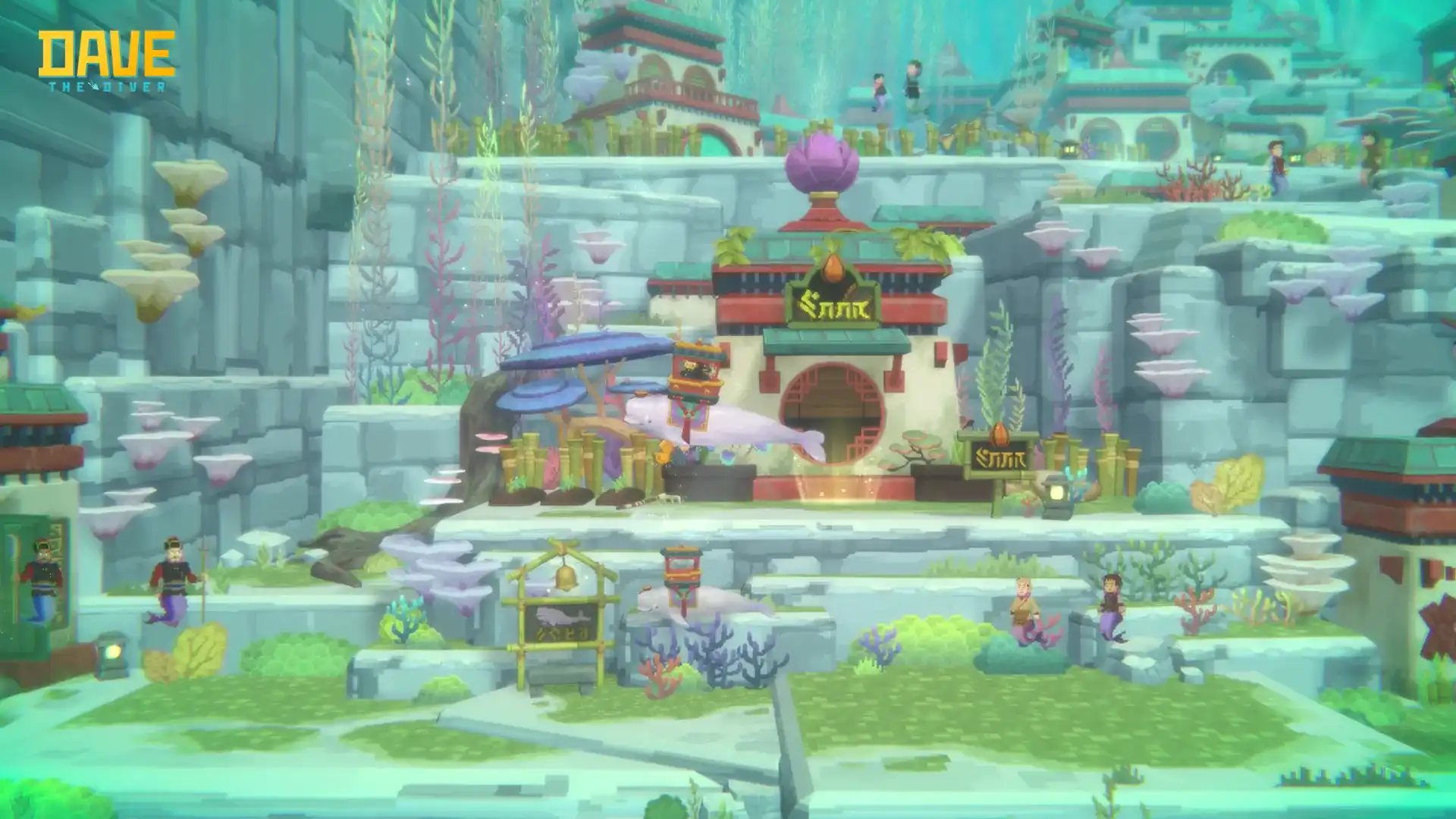 DAVE THE DIVER underwater Sea People village with tiered stone terraces, a temple gateway and merfolk residents standing at market stalls
