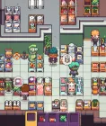 Discounty supermarket interior with stocked aisles, shoppers, storage, and a checkout counter