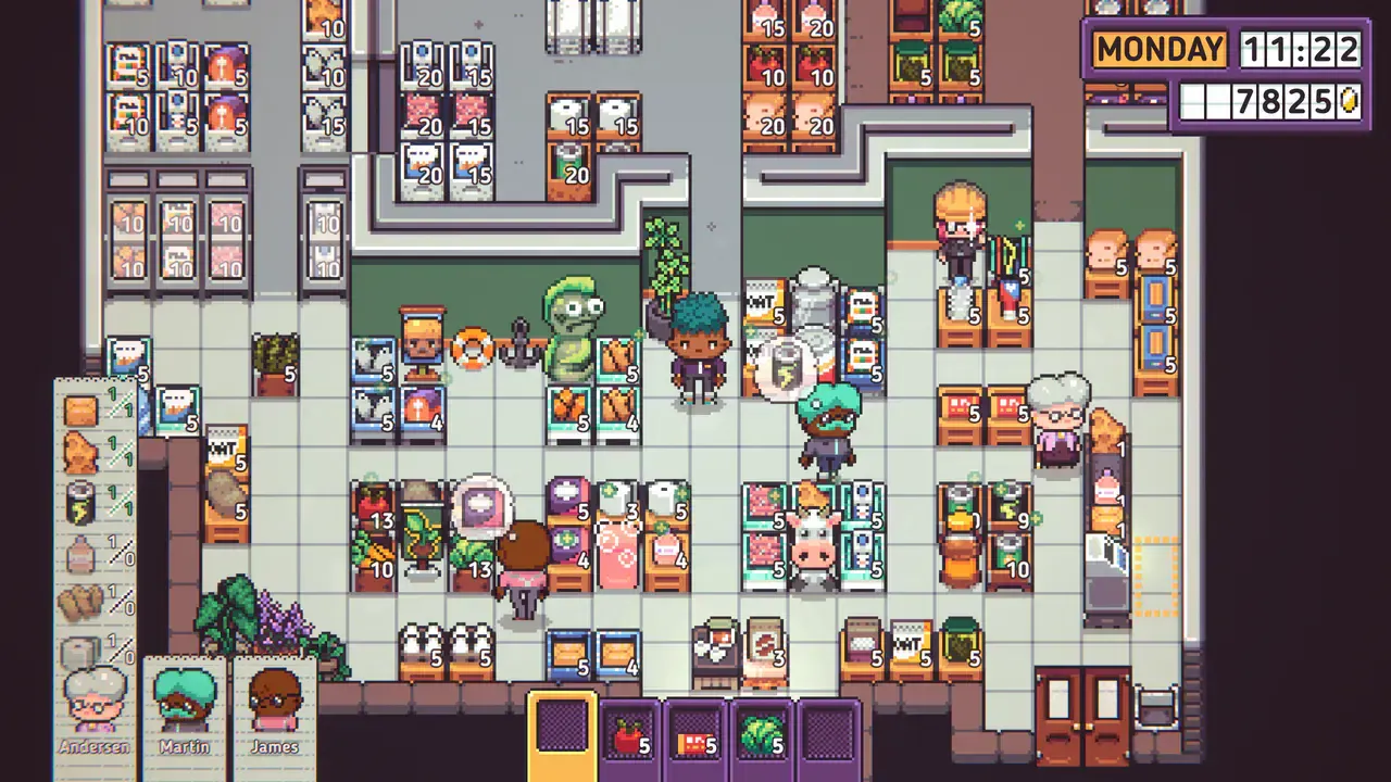 Discounty supermarket interior with stocked aisles, shoppers, storage, and a checkout counter