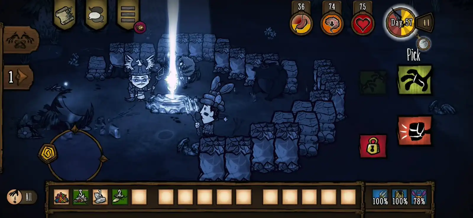Don't Starve Together mobile screenshot of a dark blue underground area lit by a single shaft of light, with a survivor, cave creatures and a Pick button
