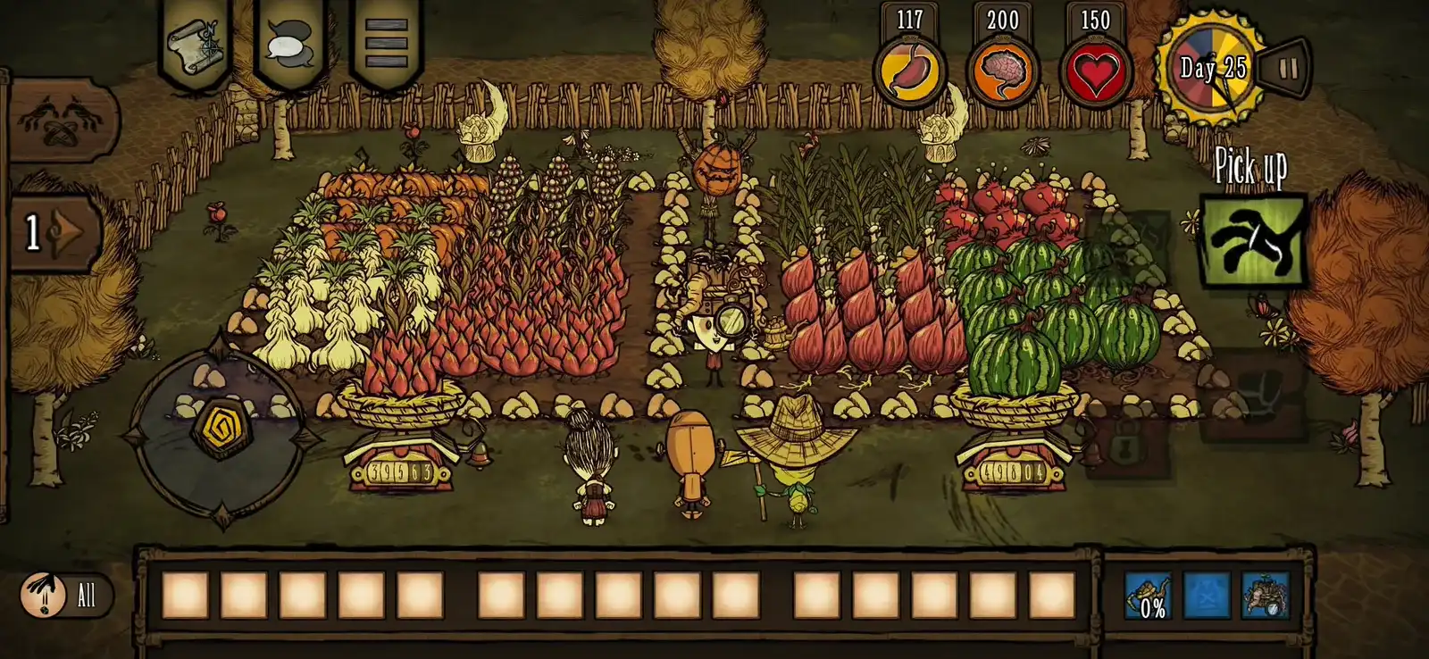 Don't Starve Together mobile screenshot of dense autumn farm plots full of vegetables, with a context Pick up button beside the action controls