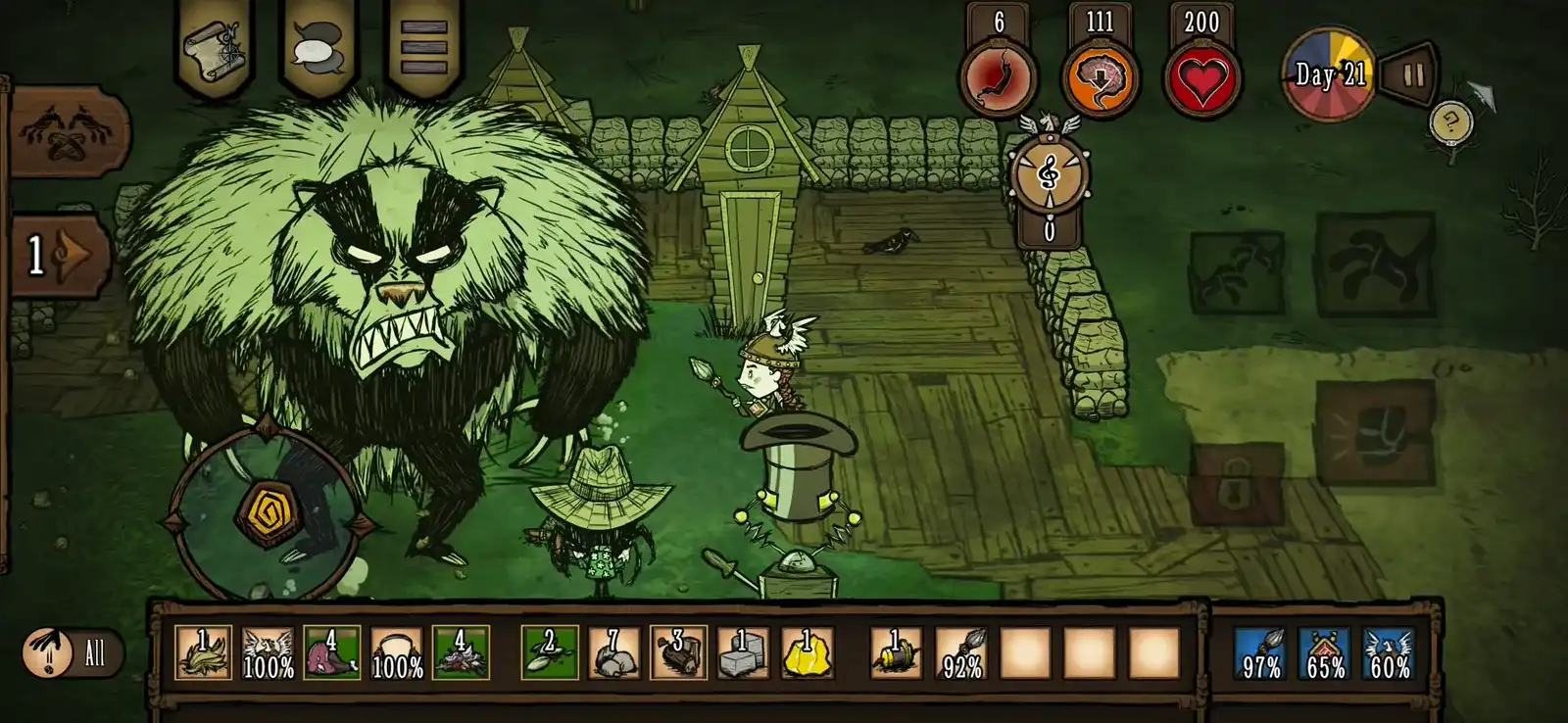 Don't Starve Together mobile screenshot of a huge furry badger-like boss attacking two survivors next to a wooden house and stone walls on day 21