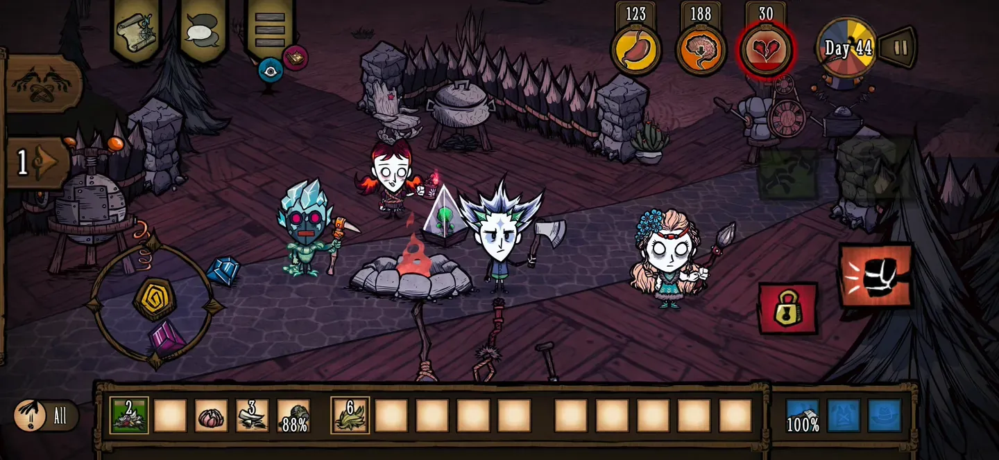 Don't Starve Together on a phone: four survivors gathered at a fire pit inside a walled night base, with the touch joystick, action buttons and inventory bar visible