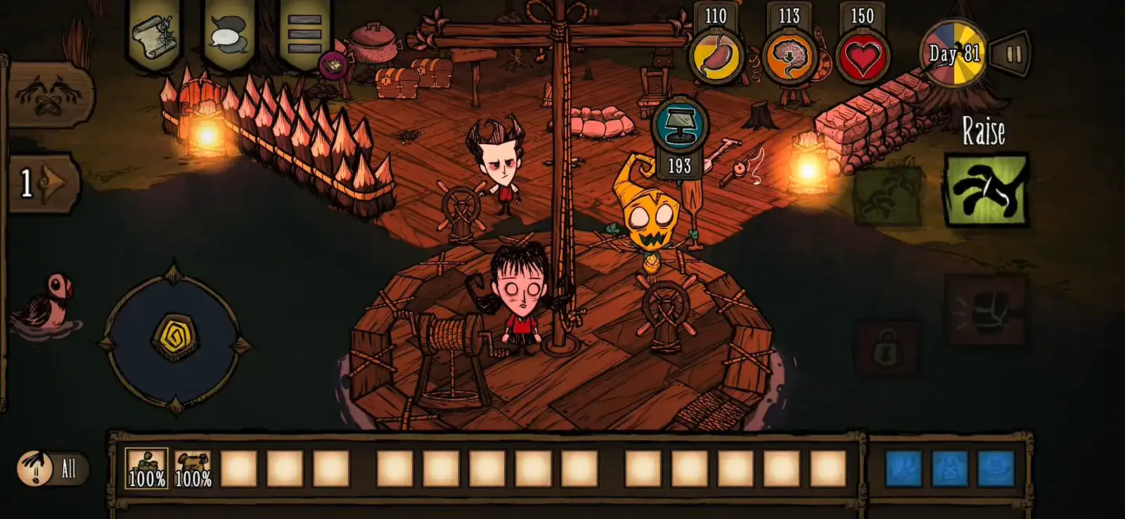 Don't Starve Together mobile screenshot of two survivors on a lantern-lit wooden boat deck at night, with a Raise action button on the right