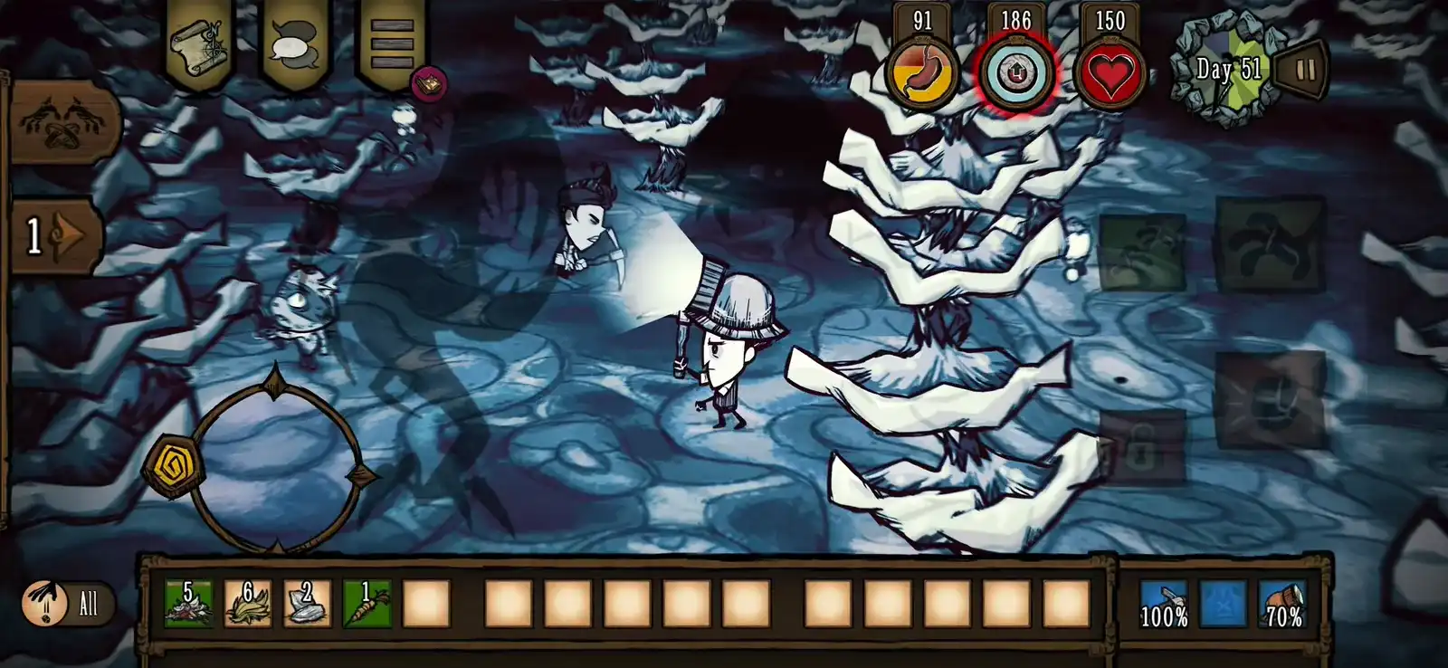 Don't Starve Together mobile screenshot of survivors crossing a snow-covered winter landscape between frosted trees at night