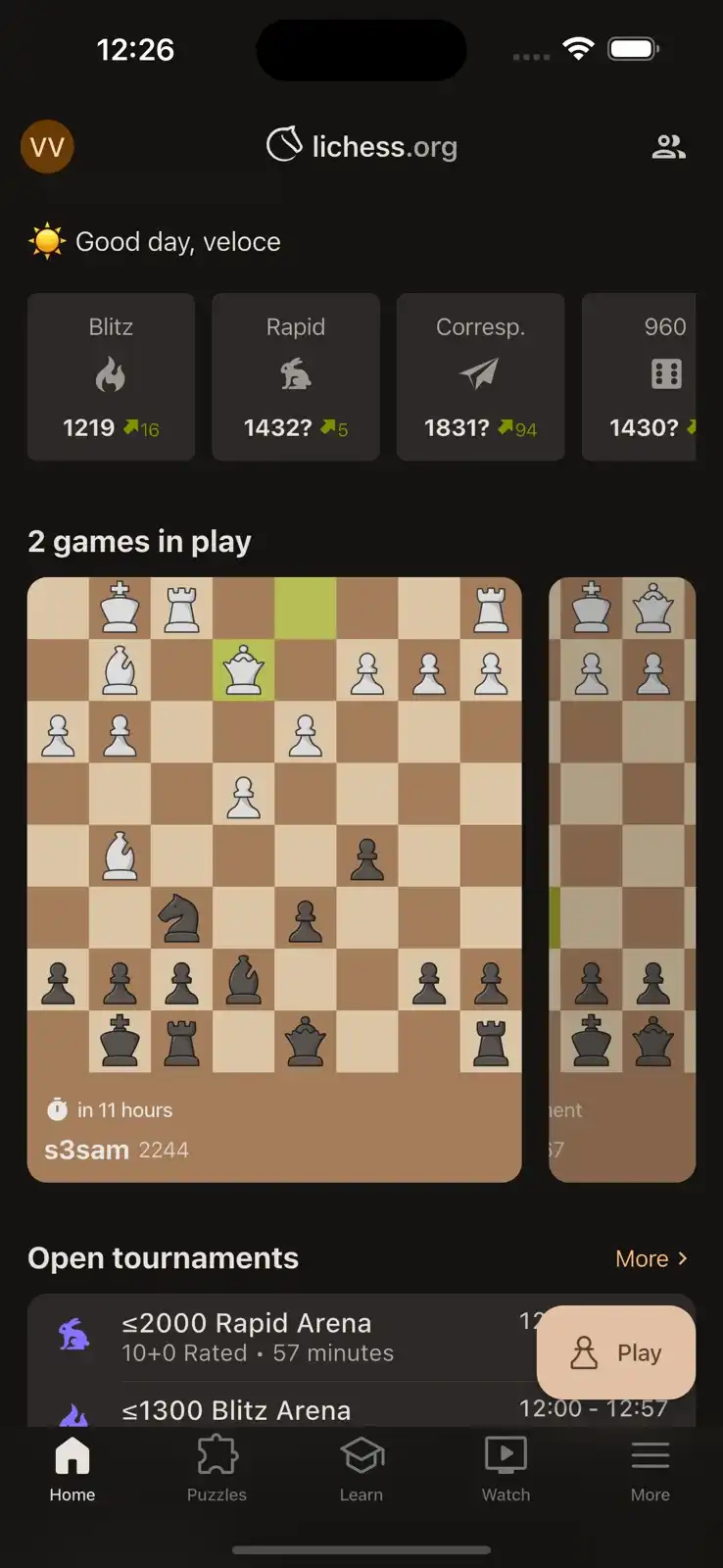 Lichess mobile home screen with time controls, two ongoing chess games, and open tournaments