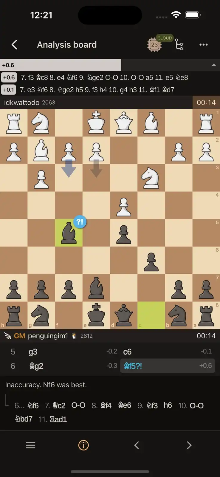 Lichess live-game analysis screen with engine lines, move arrows, evaluation data, and move notation
