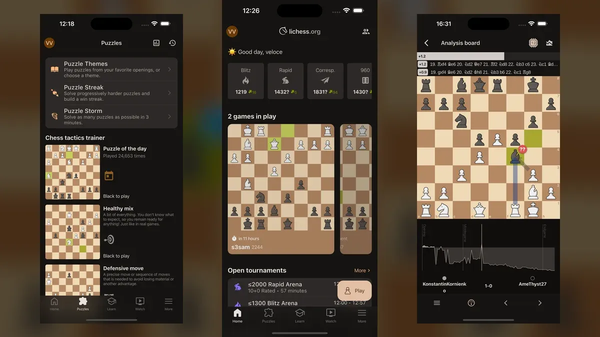 Lichess mobile puzzle, home, and chess analysis screens shown side by side