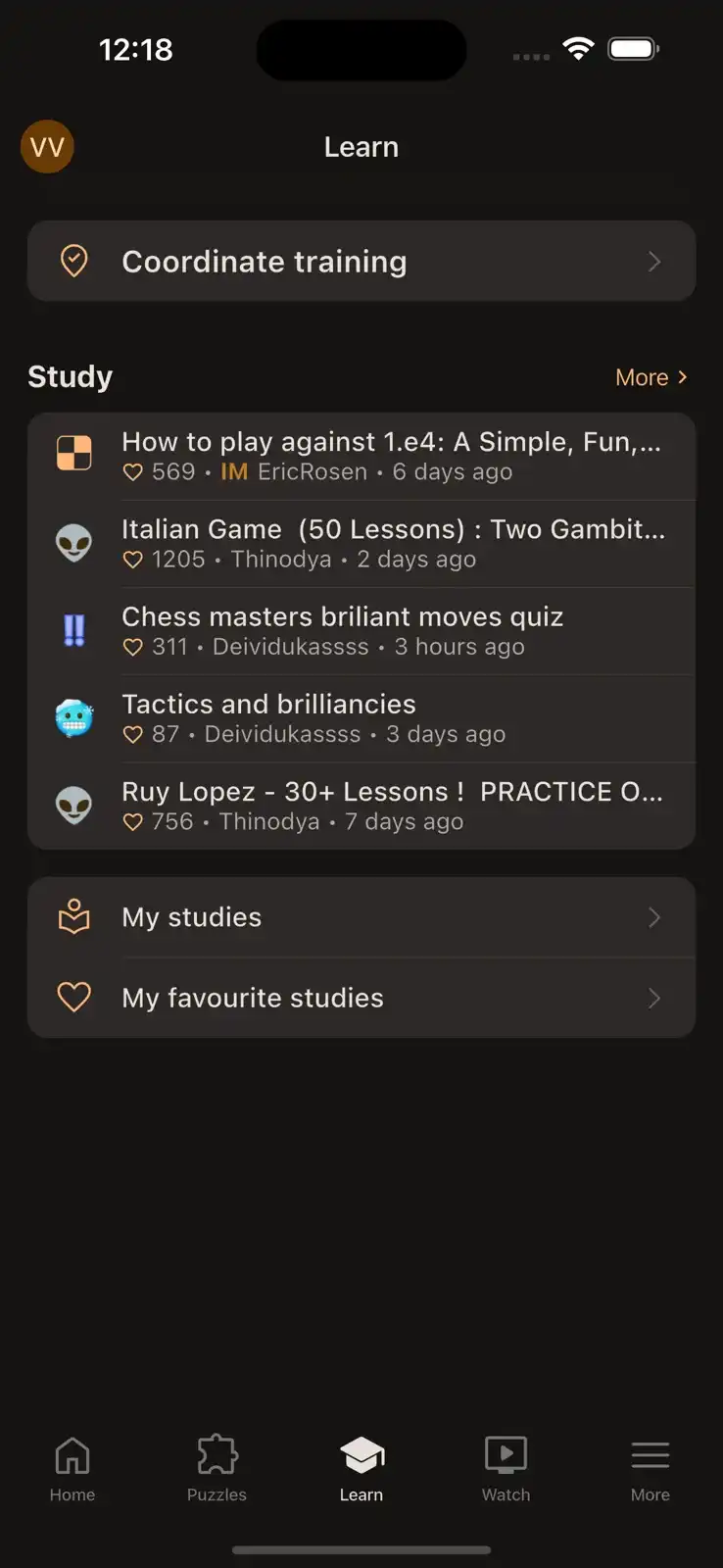 Lichess Learn screen with coordinate training and a list of community chess studies