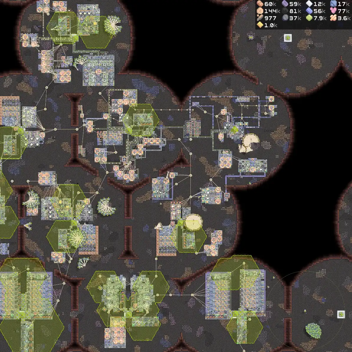 Wide Mindustry hex PvP battlefield with many compact bases, turrets, power links, and units