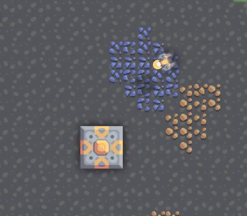 Mindustry player ship beside a starting core, copper ore, and lead ore