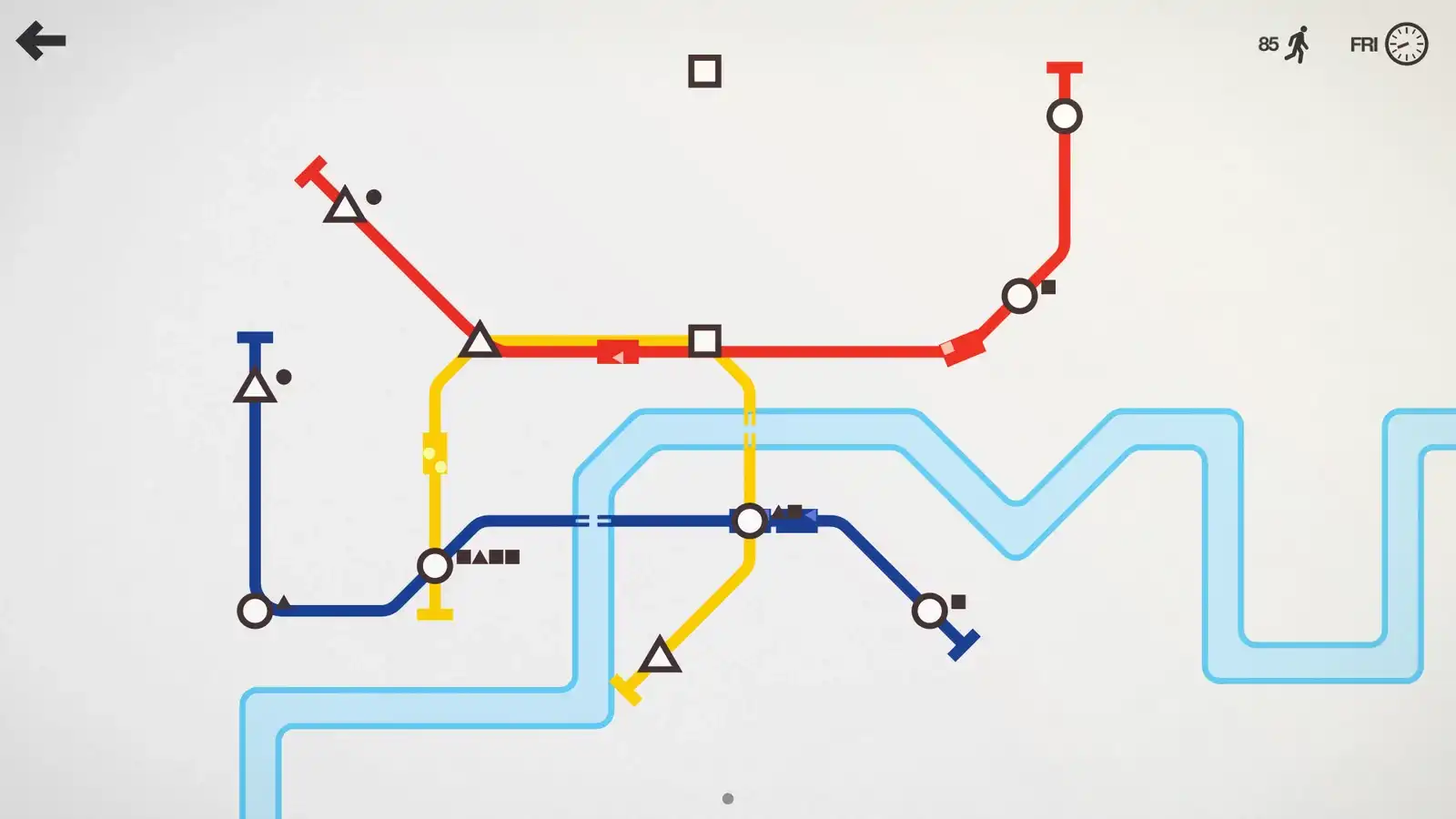 Three Mini Metro lines connect shaped stations across a winding river, with passengers waiting beside stops
