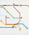 Mini Metro network with triangle passengers waiting on a brown line that connects to a red line at a diamond station