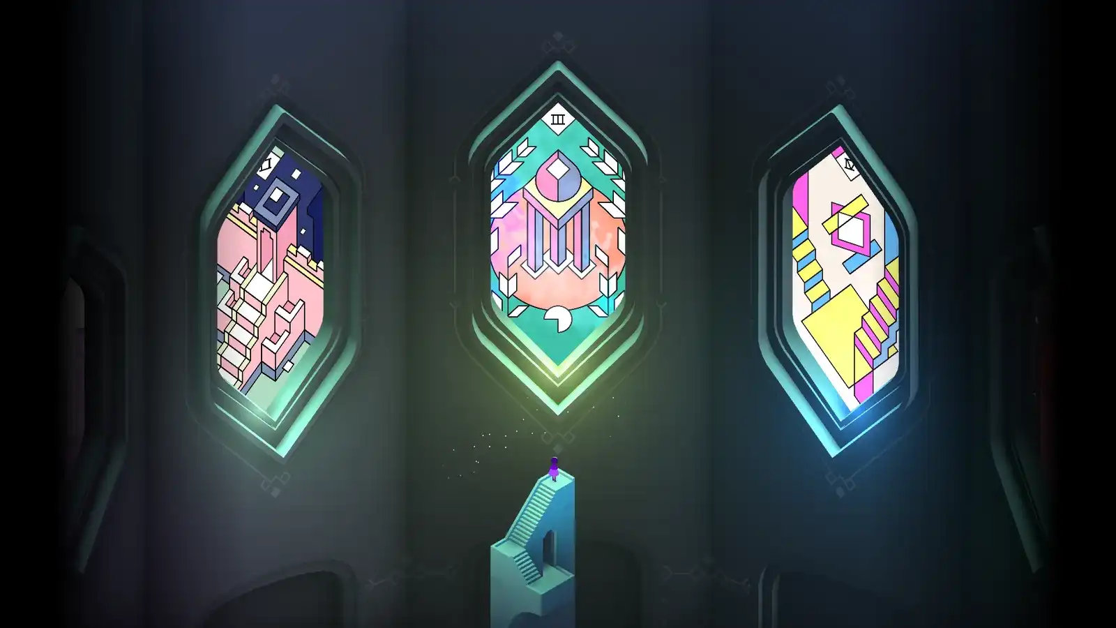 Three illuminated stained-glass chapter panels in a dark hall with Noor on a staircase below