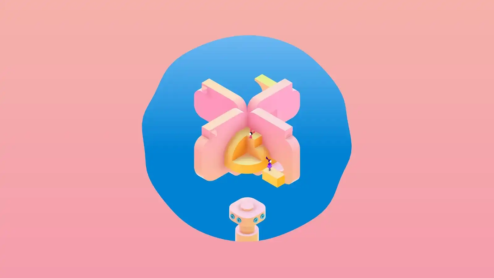 A compact flower-shaped Monument Valley 3 structure inside a blue circle on a pink background