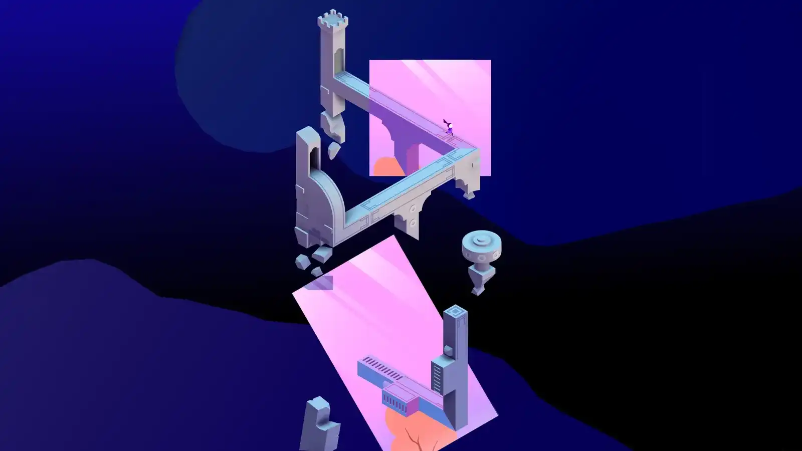 Night-time Garden of Life puzzle where pink light planes reveal hidden sections of a bridge