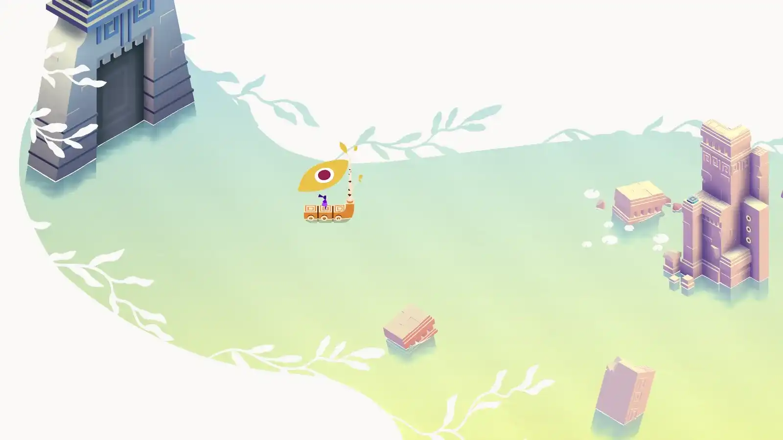 Noor sails a small boat across pale open water past submerged ruins in Monument Valley 3