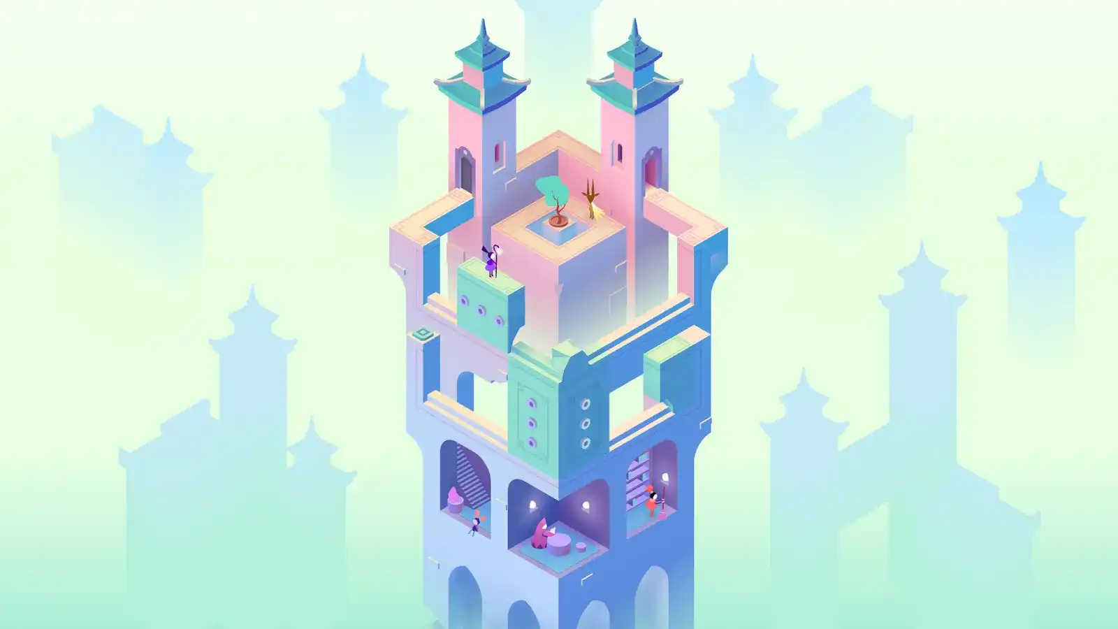 Pastel Monument Valley 3 tower with pagoda roofs and cutaway rooms above a misty skyline
