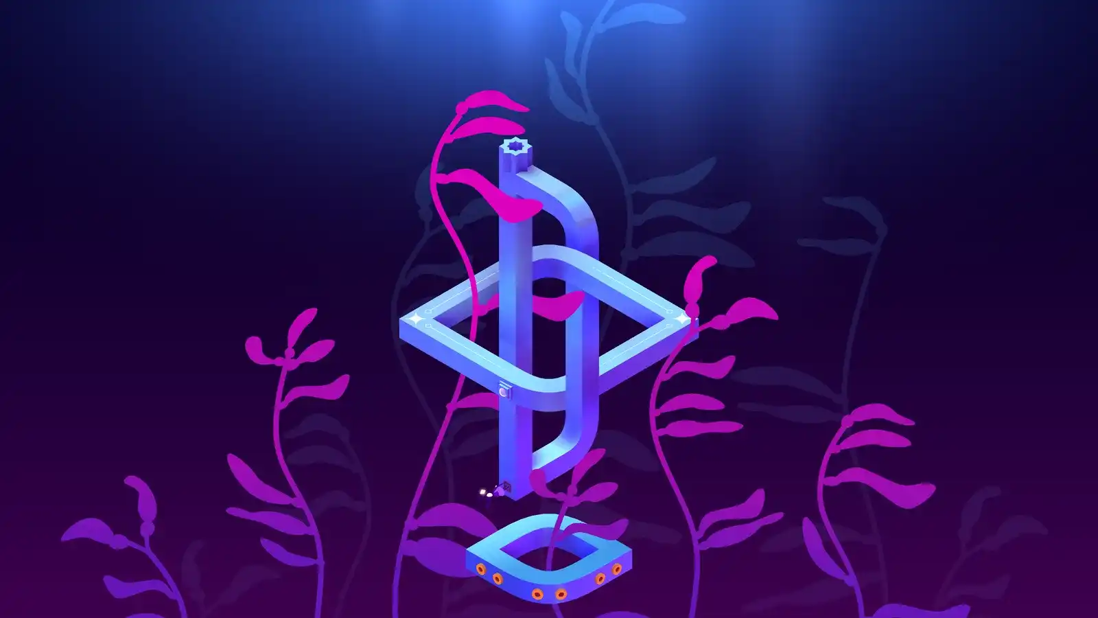A glowing blue impossible loop structure surrounded by magenta kelp in dark water