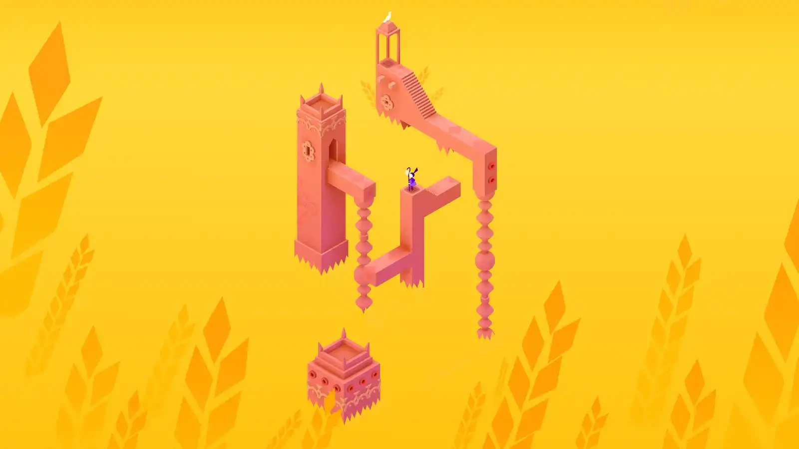 Noor stands on coral-coloured floating architecture against a golden wheat field backdrop