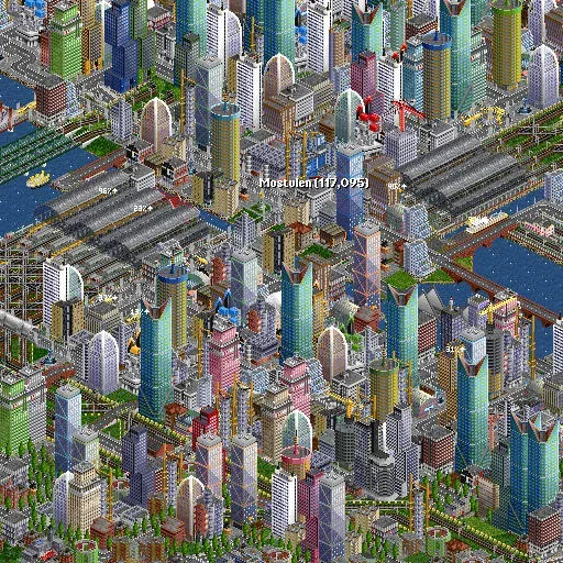 OpenTTD Android app icon showing a dense isometric city with rail lines, roads, and colorful towers