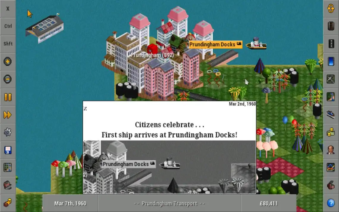 OpenTTD Android harbor map with ship docking, town buildings, and an arrival newspaper overlay