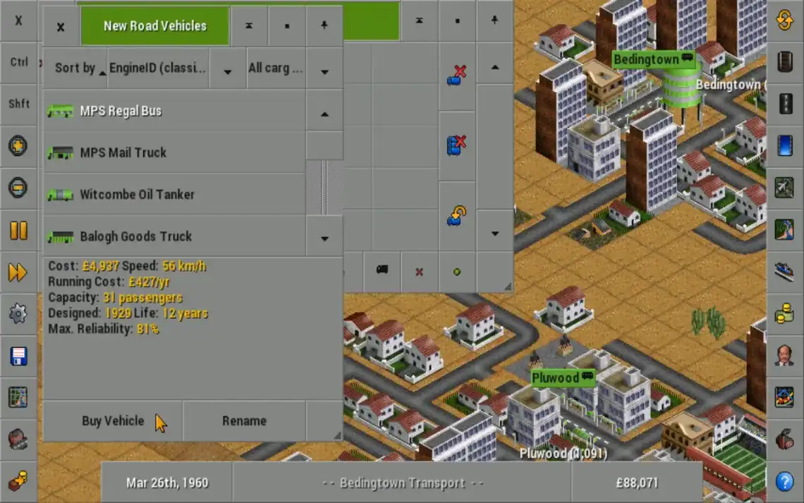 OpenTTD Android purchase window listing buses and trucks over a dense town map