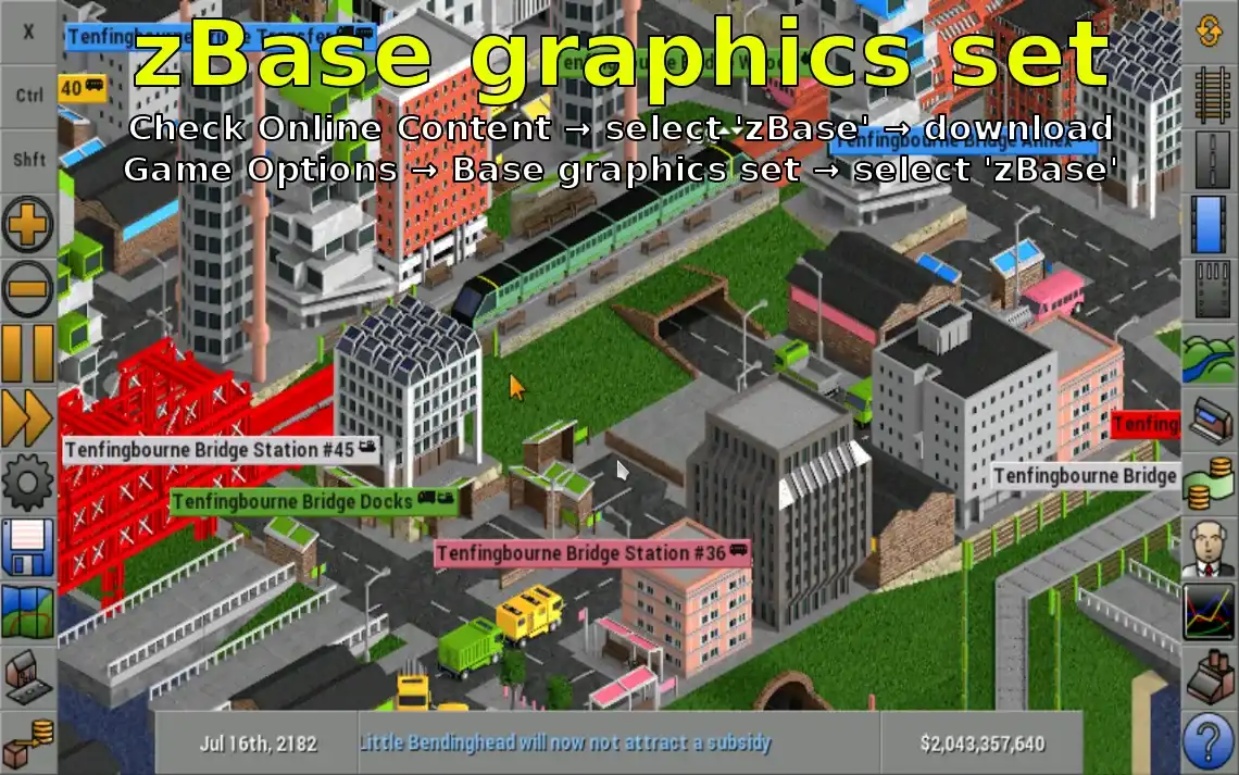 OpenTTD Android screenshot showing the zBase graphics-set download instruction over an isometric rail map
