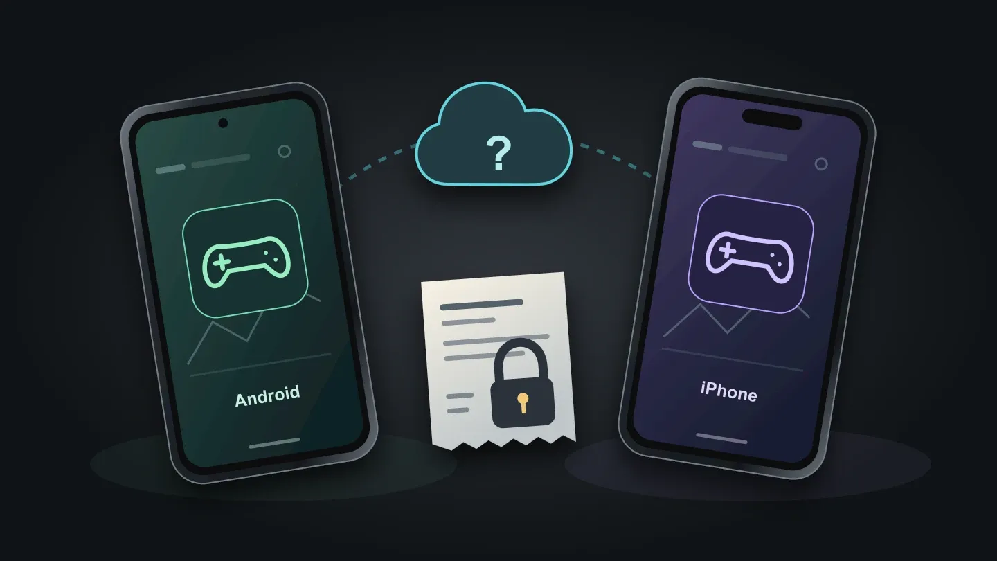 Android and iPhone with matching game symbols, a cloud question mark, and a locked purchase receipt between them
