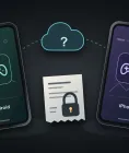 Android and iPhone with matching game symbols, a cloud question mark, and a locked purchase receipt between them